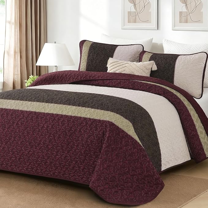 Cottolester King Size Quilt Set,Burgundy Striped Plaid Bedsperad Coverlet | Modern Boho Style,Striped Plaid Design,Ultra Soft Lightweight Microfiber Quilted Bedding Sets for All Seasons 110"x90"