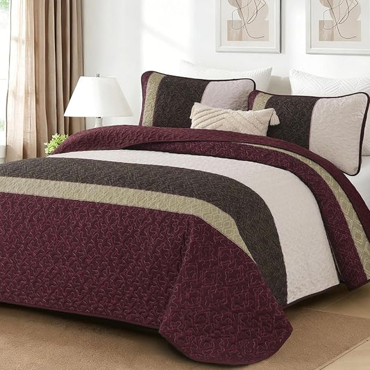 Cottolester King Size Quilt Set,Burgundy Striped Plaid Bedsperad Coverlet | Modern Boho Style,Striped Plaid Design,Ultra Soft Lightweight Microfiber Quilted Bedding Sets for All Seasons 110"x90"