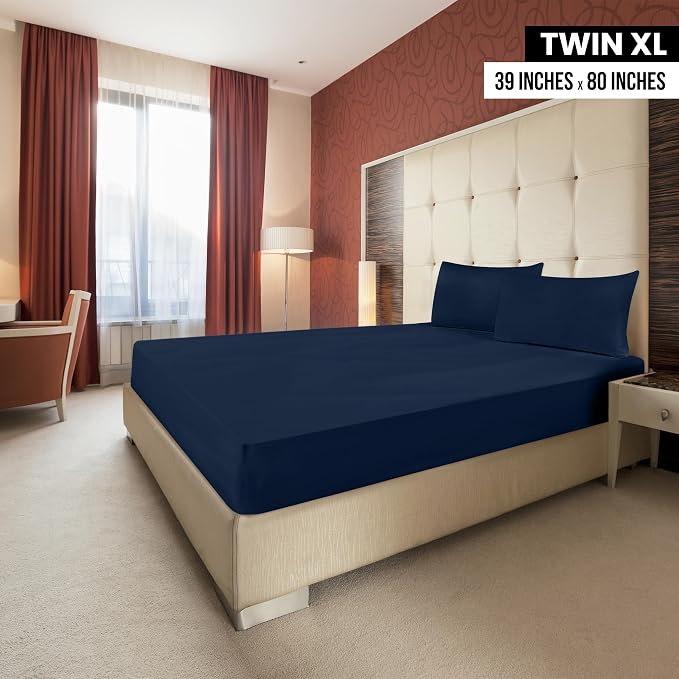 Pack of 2 Twin XL Fitted Sheet, Fits Up to 16 Inch Deep Pocket, Navy | Hotel Comfort, Cooling & Breathable Cotton like Polyester, Easy Fit, Wrinkle & Fade Resistant, Snug Fit, Easy Care, Oeko-Tex