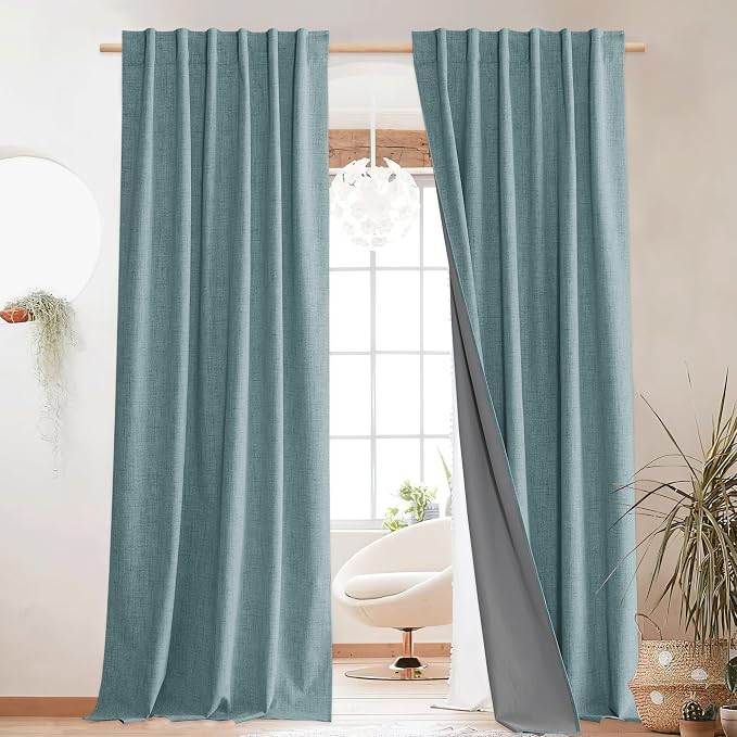 NICETOWN 100% Blackout Linen Curtains 108" Length 2 Panels, Skylark Blue | Rod Pocket & Back Tab, Full Light Blocking, Floor to Ceiling, Thermal Insulated Drapes for Sliding Glass Door, W52" x L108"
