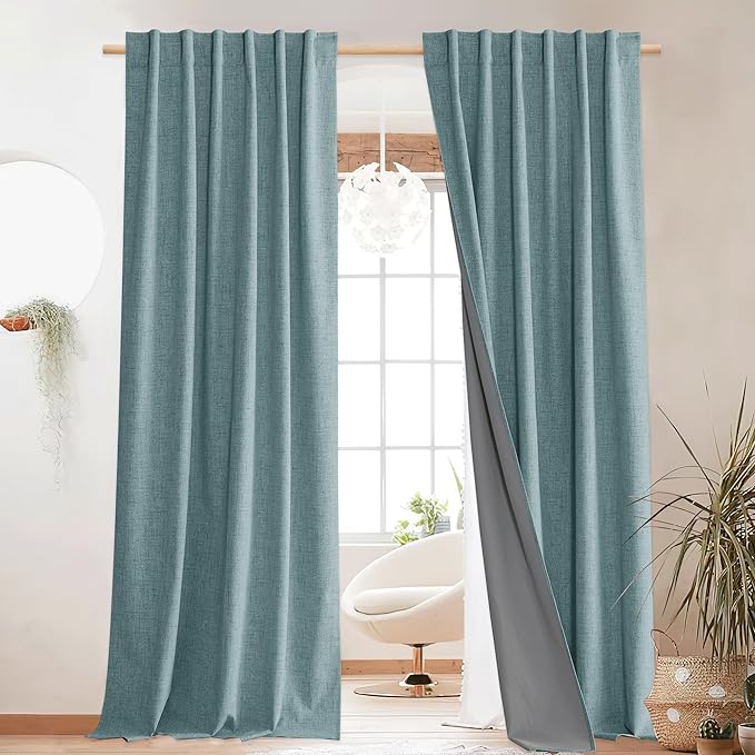 NICETOWN 102 inch Blackout Linen Curtains for Bedroom 2 PCs, Skylark Blue | Vintage Living Room Curtains Farmhouse Style, Keep Cool & Warm Large Window Drapes for Loft, Apartment, W52" x L102"