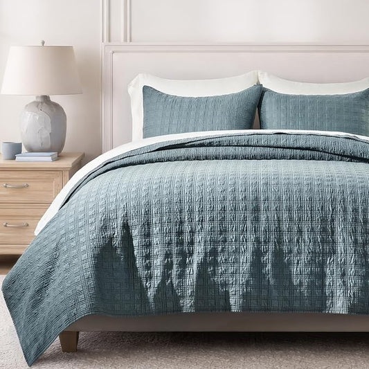 EVERGRACEHOME Cotton Sateen Windowpane Quilt Set King Size, Sonoma Blue | 100% Cotton, Pre-Washed Soft Coverlet Bedspread, 3-Piece Lightweight Bedding Set for All Season, with 2 Pillow Shams
