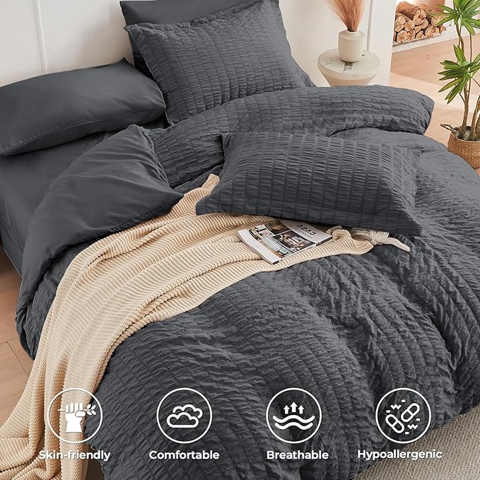 HYMOKEGE California King Comforter Set Seersucker 7 Pieces, All Season Luxury Bed in a Bag for Bedroom, Bedding Set with Comforters, Sheets, Pillowcases & Shams, Dark Grey