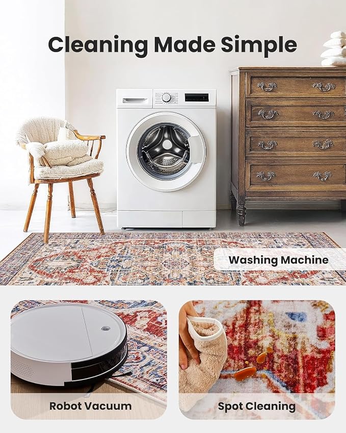 AMADA HOMEFURNISHING 5x7 Area Rugs, Washable Living Room Rug Low-Profile with Non-Slip Backing & Durable Edge Binding, Vintage 5x7 Rugs for Living Room, Bedroom, Dinning Room