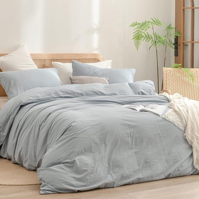 BESTOUCH Cotton Solid Duvet Cover Set Cornflower Blue California King | 100% Washed Cotton, Soft Wrinkle Texture, Hidden Zipper, 8 Ties, Breathable Lightweight Durable Comfy, 3 Pcs No Insert