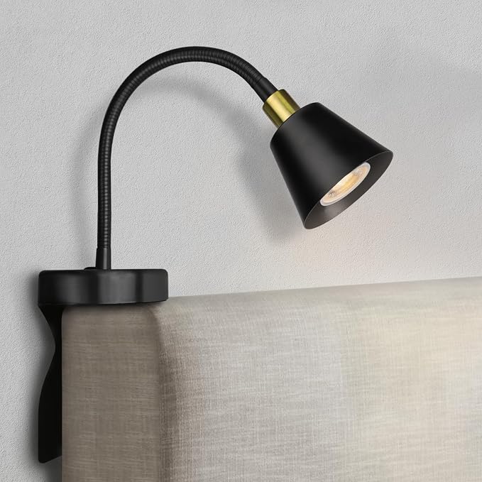 Patented Innovative Design Headboard Reading Light. No Drilling Golden Book Light for Bedtime Reading. Dimmable LED Book Reading Lamp with Bulb. Movable & Flexible, Black and Golden