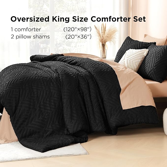 Litanika Oversized King Comforter Set, 3 Pcs Black Tufted Boho Bedding Set | Farmhouse Shabby Chic Vintage Bohemian Textured Aesthetic Soft Fluffy Lightweight Breathable All Season Bed Set