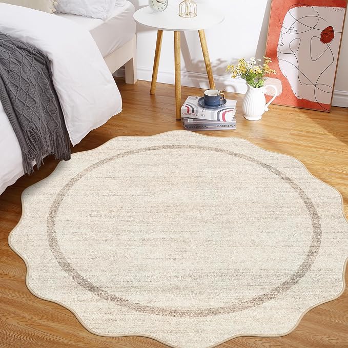 GarveeHome Scalloped Washable Round Rugs Non-Slip Round Rug 4 ft, Beige | Soft Ultra-Thin Small Boho Circle Stain Resistant Low Pile Carpet for Entryway Kitchen Bedroom Nursery Bathroom