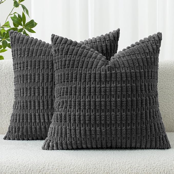 MIULEE Corduroy Decorative Throw Pillow Covers 18x18 Dark Grey Pack of 2 | Soft Boho Striped Pillow Covers Modern Farmhouse Home Decor For Sofa Living Room Couch Bed