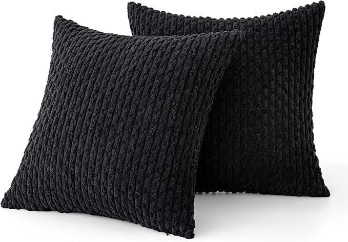 MIULEE Decorative Throw Pillow Covers 16x16 Black Textured Corduroy | Pack of 2 Striped Pillow Covers Modern Farmhouse Home Decor for Couch Bed Sofa Living Room