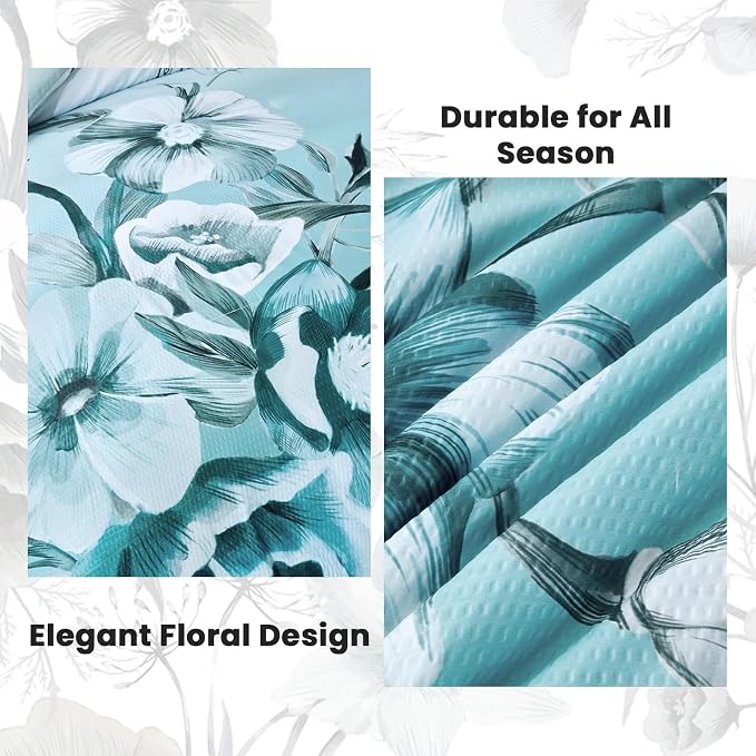 Floral Comforter Set Twin Size 7 Piece, Aqua Flower Bed in a Bag, Elegant Gradient Floral Comforter with Sheet Set, Soft Seersucker Microfiber Bedding Set for All Season (Aqua, 68"x86")