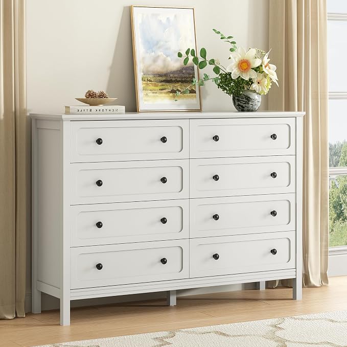 CARPETNAL 55" White Dresser for Bedroom with 8 Drawer & Deep Drawers | Large Storage Modern Chest of Drawers with Metal Handles for Living Room, Hallway