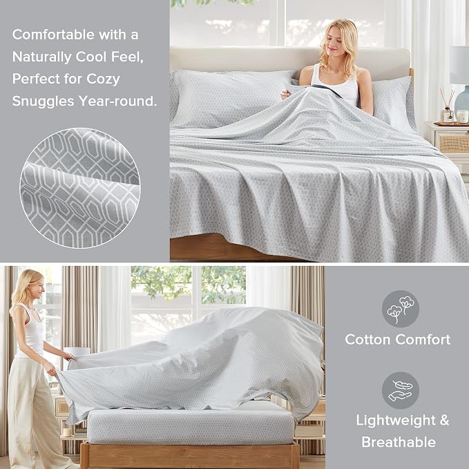 Comfort Spaces 100% Cotton Percale Sheets King Size 4 Pcs, Diamond Grey | Crisp, Cool & Breathable Bed Sheets, 14" Deep Pocket Fits Up to 16" Mattress, Lightweight, All Season Cozy, with Pillow Case