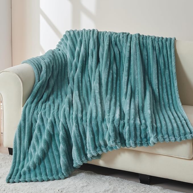 NEWCOSPLAY Fleece Ribbed Cozy Throw Blanket for Couch, Light Teal, 50"x60" | Premium Silky Flannel Blanket, Soft Lightweight Fluffy Throw Blanket for Bed Sofa Decor, Gift for All Season Use