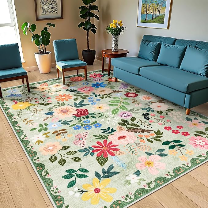 PLHXFR Area Rug 10x12 Living Room: Floral Washable Boho Soft Carpet Green | For Bedroom Dining Room Farmhouse Nursery Hallway,Vintage Floral,Machine washable,Non Slip,Stain Resistant,Large Indoor