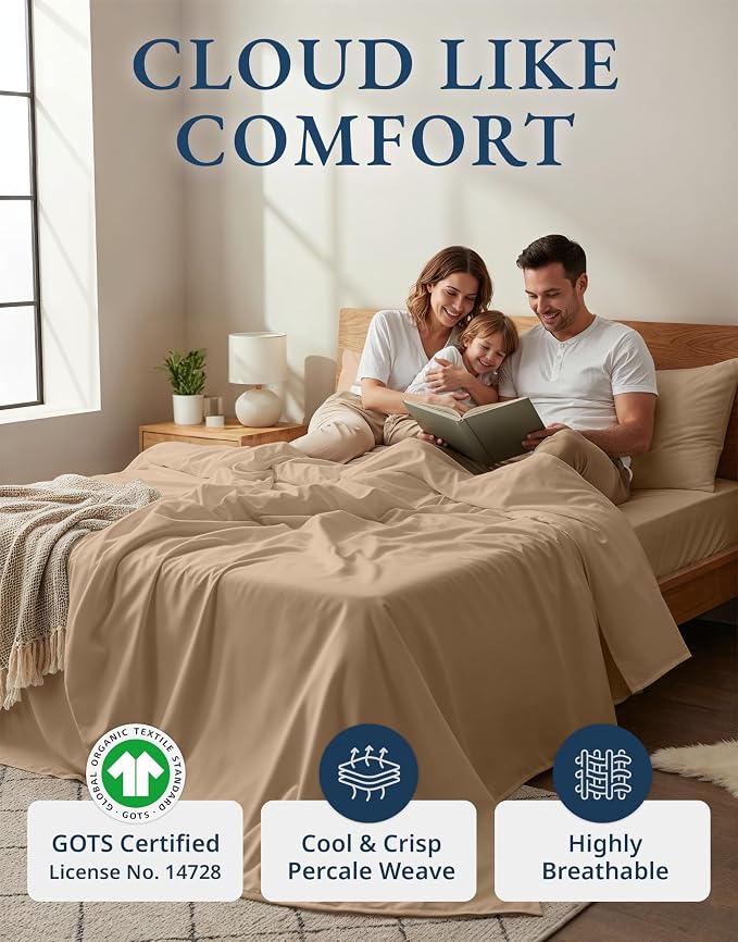 LANE LINEN Cal King Sheet Set 100% Organic Cotton Soft 4pc Percale - Taupe | Cal King Sheets In GOTS Certified Organic Cotton Percale - Crisp Cool Percale Weave, Great For Gifting, For Hot Sleepers