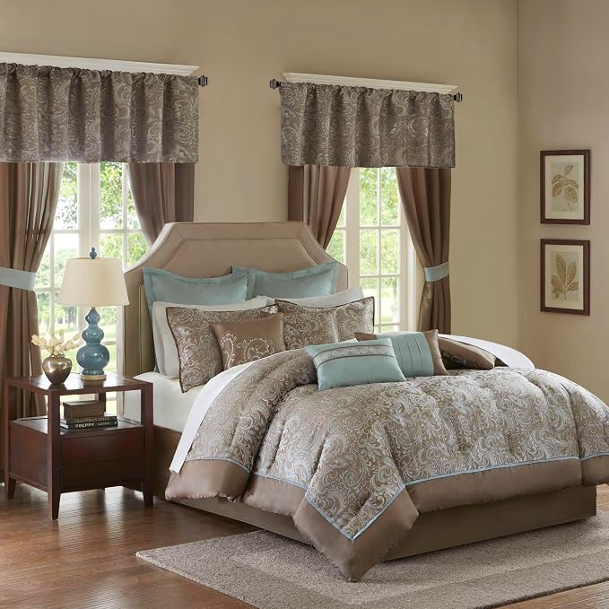 Madison Park Essentials Brystol 24 Piece Room in a Bag Faux Silk Comforter Jacquard Paisley Design Matching Curtains Down Alternative Hypoallergenic All Season Bedding-Set, Queen (90 in x 90 in), Blue | Matching Curtains Room in a Bag, Down Alternative...