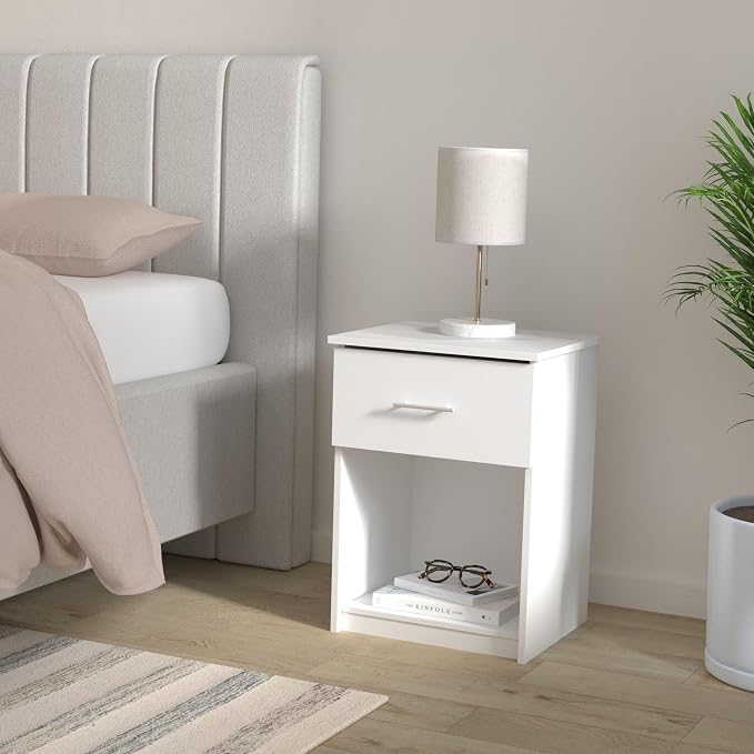 Furinno Tidur Nightstand, 2-Pack, Solid White | Bar Handle, with Storage Shelf, Bedside Table, End Table, Side Table, for Bedroom, Closet, Dorm