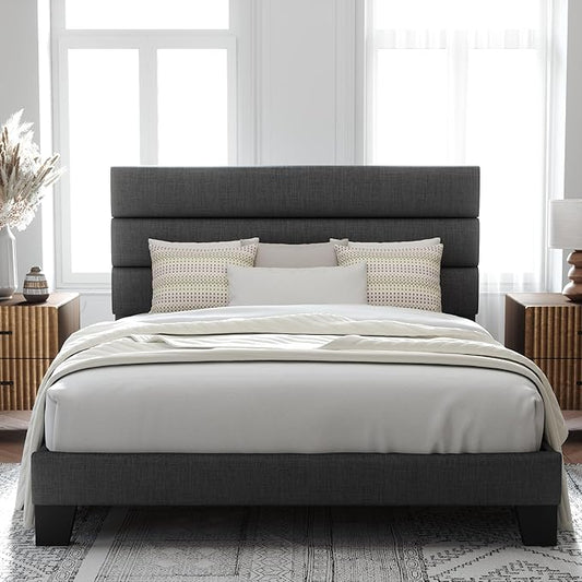 Allewie Full Size Platform Bed Frame with Fabric Upholstered Headboard Gray | Wooden Slats Support, Fully Upholstered Mattress Foundation, No Box Spring Needed, Easy Assembly, Noise-Free, Dark Grey