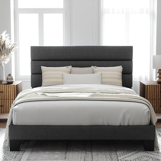 Allewie Queen Size Platform Bed Frame with Fabric Upholstered Headboard | Wooden Slats Support, Fully Upholstered Mattress Foundation, No Box Spring Needed, Easy Assembly, Noise-Free, Dark Grey