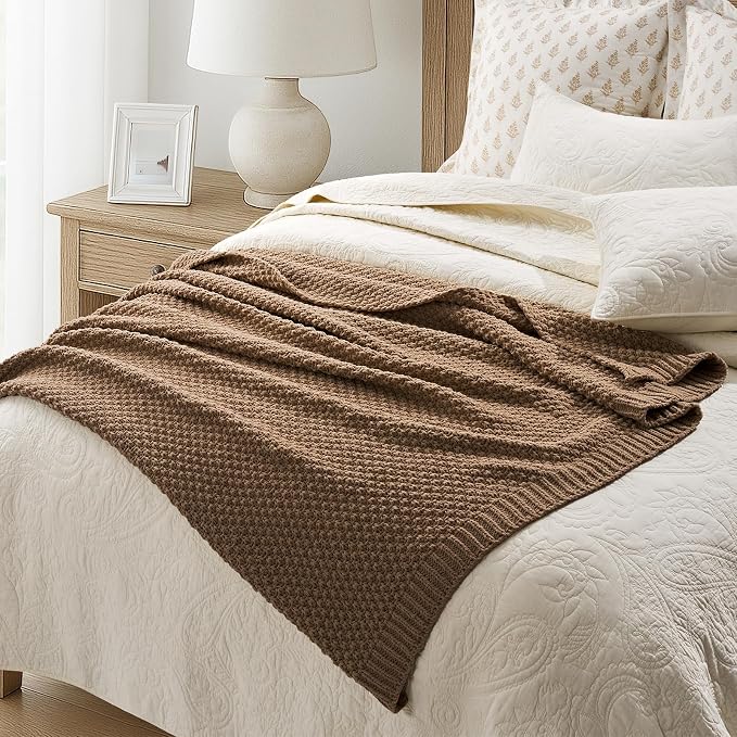 EVERGRACEHOME Chunky Chenille Knit Throw Blanket, 50 x 60, Camel Brown | Sculpted Moss Stitch, Chic Modern Farmhouse, All-Season Warmth, OEKO-TEX® Certified, Elegant Blanket for Couch, Bed, Sofa