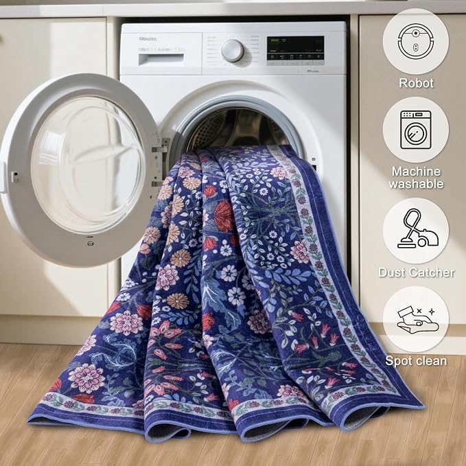 PLHXFR 2.6x10 Washable Runner Rug：Floral Indoor Kitchen Soft Carpet Blue | For Hallway Bedroom Kitchen Laundry Bathroom Dorm,Vintage Floral,Machine washable,Non Slip,Stain Resistant,Indoor Floor