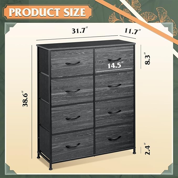 WLIVE 8 Drawer Fabric Dresser for Bedroom, Tall Storage Tower, Charcoal | Black tall 8-drawer fabric dresser with bins, sleek modern tower for bedroom home dorm closet storage