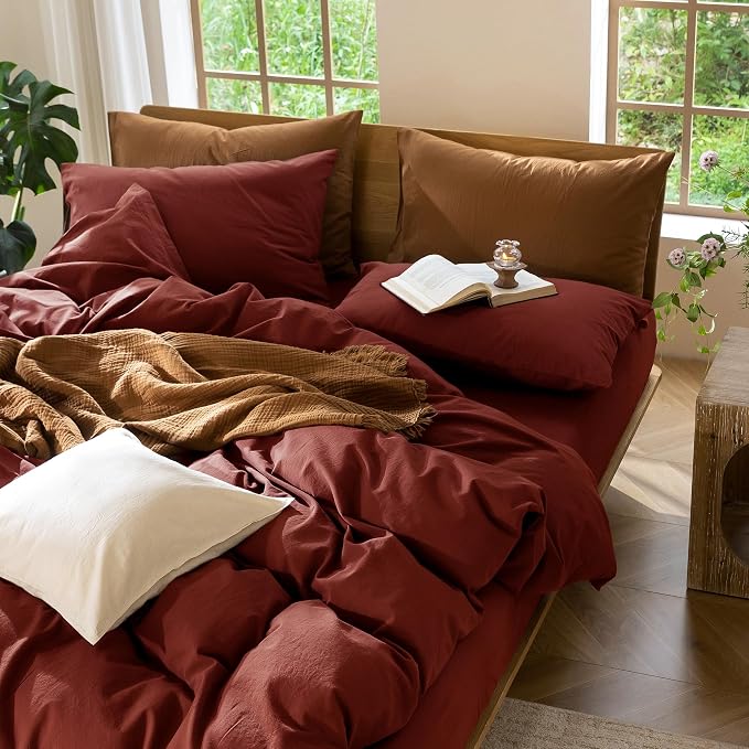 MooMee Duvet Cover Set 100% Washed Cotton Linen Like Full | Relaxed Linen-like Texture. Soft, Breathable & Long-lasting Comfort. Lightweight. Hidden Zipper with 8 Interior Corner Ties