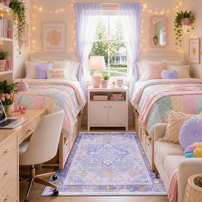 RELEANY Washable Area Rug, 3'x5', Purple | Non-Slip, Water Repellent, Pet Friendly, Easy to Clean, Vintage Floral Boho Decor for Living Room Bedroom Beside Kitchen