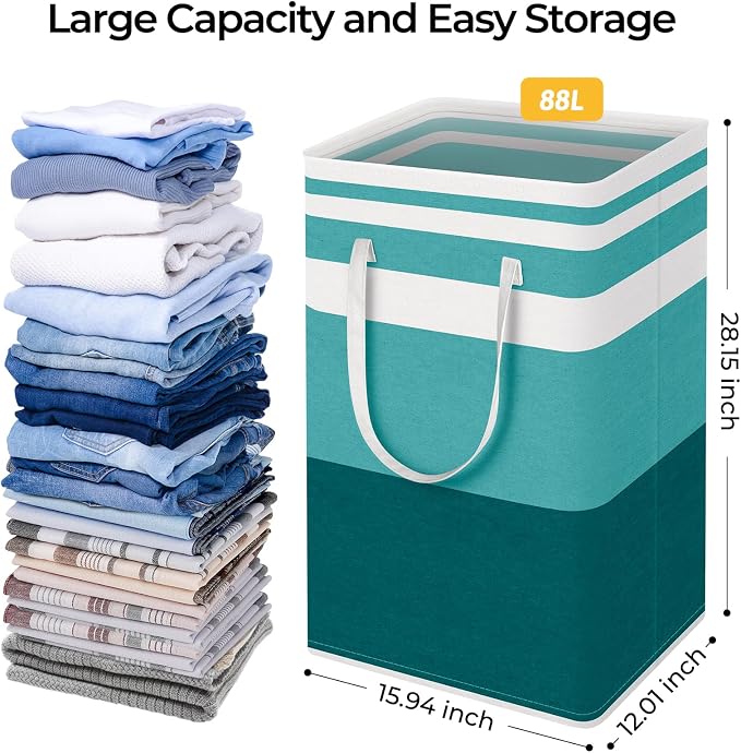 HomeHacks 2 Pack Large Laundry Baskets, Laundry Hampers Bags (Green 88Lx2) | Waterproof, Freestanding, Collapsible Clothes Hamper with Reinforced Handles in Laundry Room, Dorm, Bathroom, Bedroom