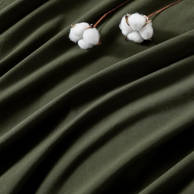BDEAR 3Pcs Olive Green Duvet Cover Set California King Size 104" W x 98" L | 100% Washed Cotton, 1 Duvet Cover with 2 Pillowcases, Zipper Closure, OEKO TEX Standard,8 Corner Ties,Linen-Liked Texture