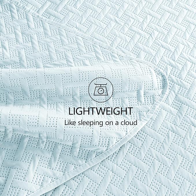 FLYMME Quilts Queen Size, Lightweight Sky Blue Bedspreads, Basket Weave Pattern,Ultra Soft Microfiber Bed Coverlet 3 Pieces for All-Season (1 Quilt, 2 Shams)