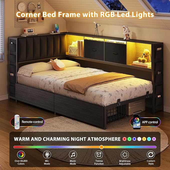 MapleGrace Twin Corner Bed Frame with Upholstered Storage Headboard and Drawers, Metal Platform Bed Frame with LED Light and Charging Station, Twin Daybed for Living Room, Bedroom & Guest Room, Black