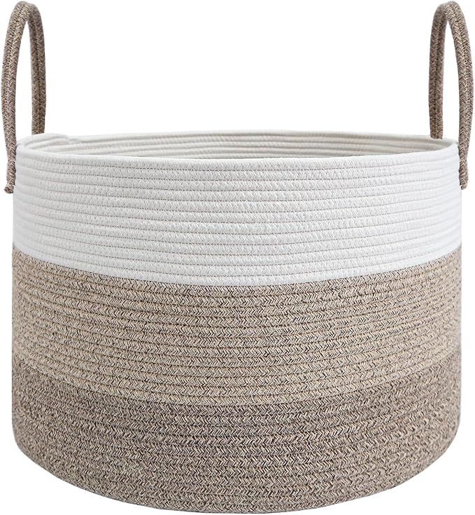 JMvicyroam 115L Extra Large Machine Washable Cotton Rope Blanket Basket | Collapsible laundry hamper, Reinforced handles, For blankets,pillows,toys and clothes, Living room and bedroom,White&BrownMix