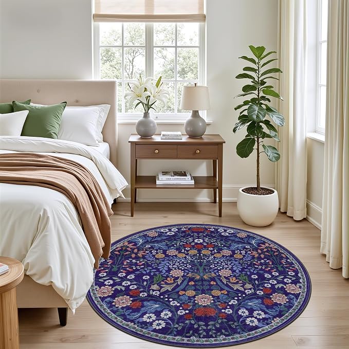 PLHXFR Round Area Rug Living Room: 4 ft Floral Washable Soft Carpet Blue | For Bedroom Dining Room Farmhouse Nursery Hallway,Vintage Floral,Machine washable,Non Slip,Stain Resistant,Large Indoor