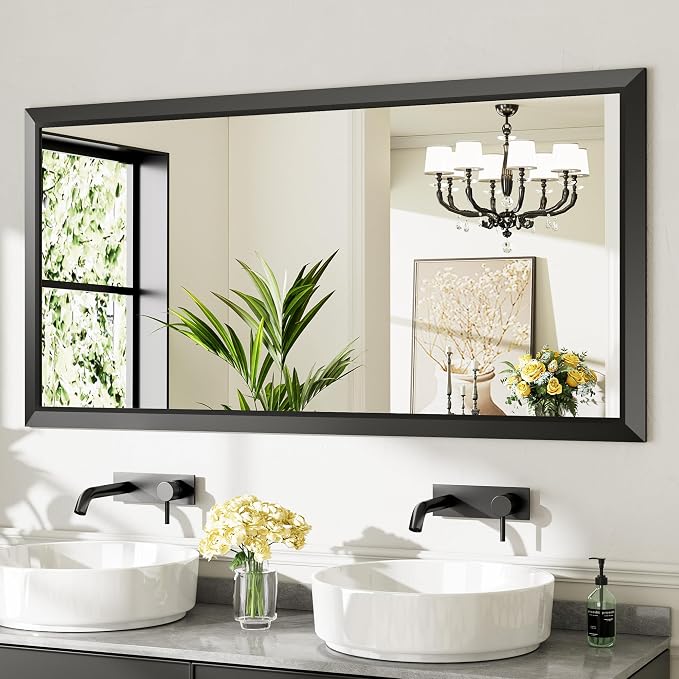 Black Metal Framed Bathroom Wall Mirror, 60x28 Inch | Anti-rust, HD tempered glass, for bathroom vanity, bedroom, living room, horizontal or vertical mount