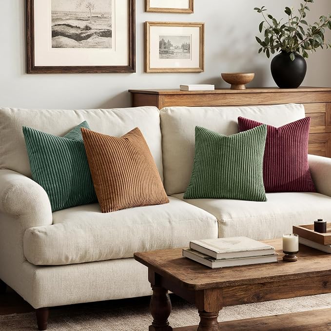 MIULEE Soft Corduroy Decorative Throw Pillow Covers Christmas Green 22x22 | Set of 4, Mordern Nordic Christmas Decor, Green Red Accent Set, Boho Farmhouse Cushion Covers for Couch Bed Sofa Living Room
