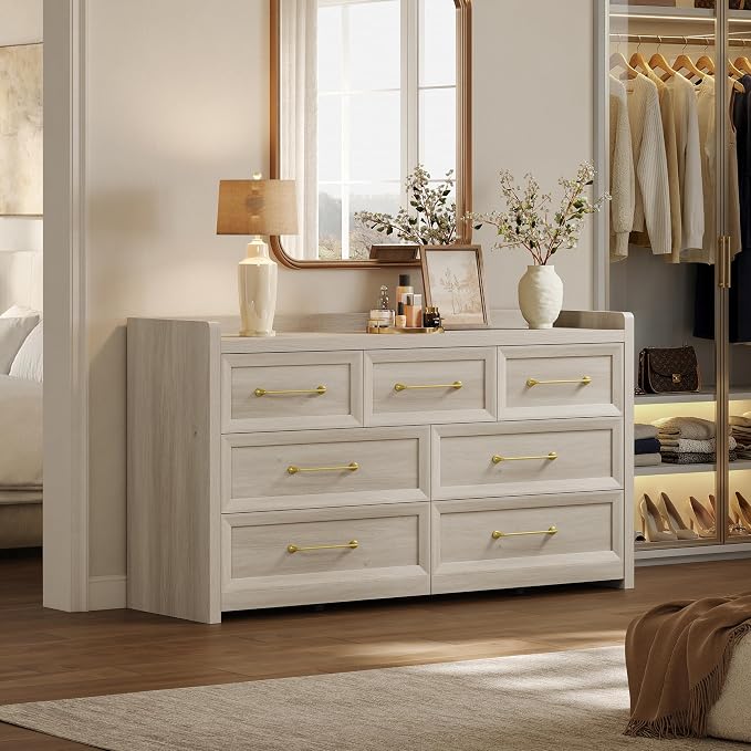 SICOTAS Dresser for Bedroom with 7 Drawers, 56.5" Wide Large Modern Dresser | Chest of Drawers for Living Room, Closet Clothes Storage Organizer Smooth Sliding Drawers, Grey White Oak