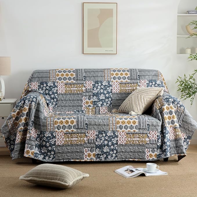 Mybedsoul Boho Quilts Queen Size, Floral Patchwork Bedding Set, Dark Grey | Soft Lightweight Microfiber Coverlet Set, 3 Pieces Plaid Reversible Bedspread, Bed Sets for All Seasons 96"x90"