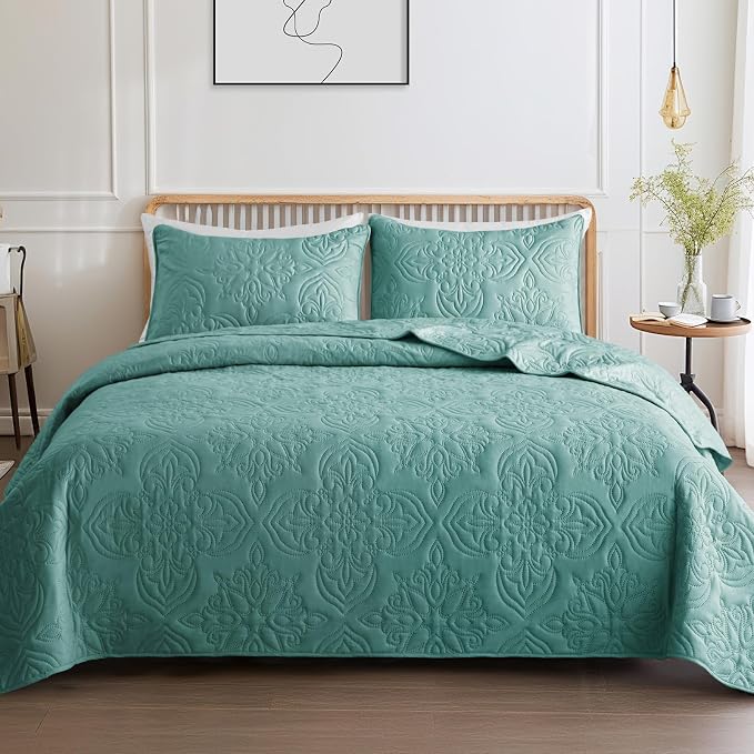 Whale Flotilla Cal King Quilt Set Vintage Damask Reversible Bedspread | Suitable for Bed, 3 Pieces Turquoise Green Lightweight Breathable Oversized Quilts, Ultrasonic Coverlet with 2 Pillow Shams