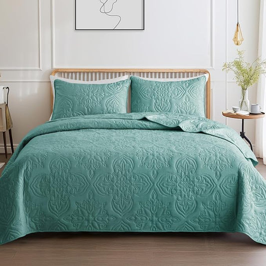 Whale Flotilla Cal King Quilt Set Vintage Damask Reversible Bedspread | Suitable for Bed, 3 Pieces Turquoise Green Lightweight Breathable Oversized Quilts, Ultrasonic Coverlet with 2 Pillow Shams