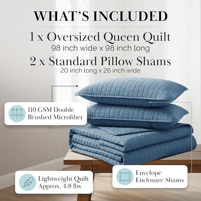 Southshore Fine Living, Inc. Queen Quilt Bedding Set, Summer Bedspread Quilts Queen Size, Pet Hair Resistant Bedding, Lightweight Bedspread, Full Size Coverlet with 2 Pillow Shams, Coronet Blue Quilt