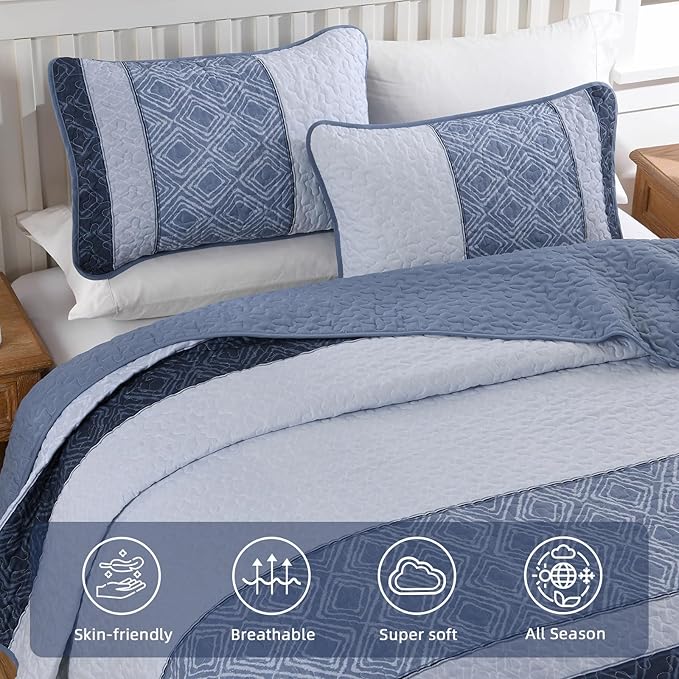 Cottolester California King Quilt Set,3 Pcs Mineral Blue Striped Bedspread | Ultra Soft Lightweight Coverlets Set for Men Women,Microfiber Quilt Bedding Sets for All Seasons 110"x96"