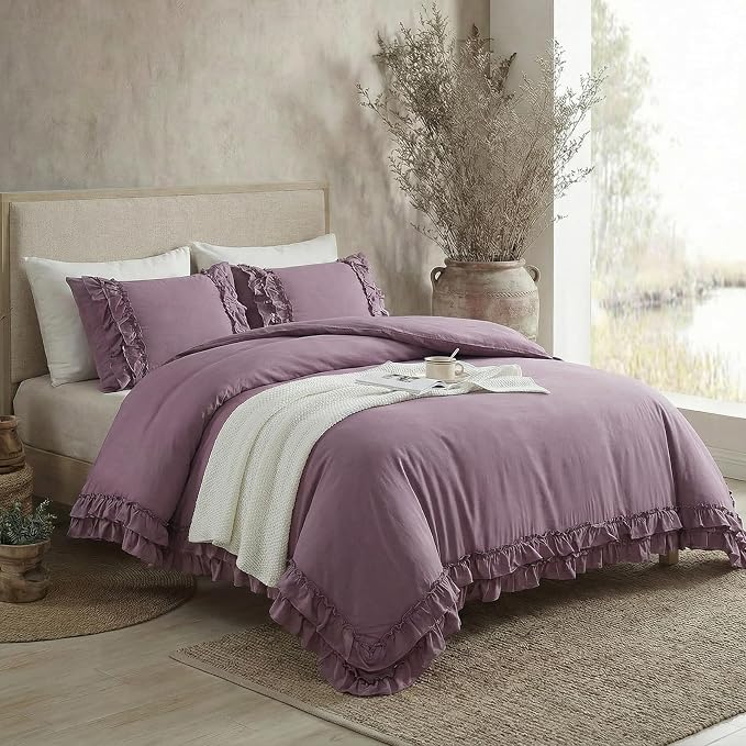 Bedorm King Duvet Cover Set Purple Bedding Set Pleat Ruffled Shabby Chic Comforter Cover Extra Soft & Easy Care Farmhouse Boho Duvet Cover with Zipper Closure