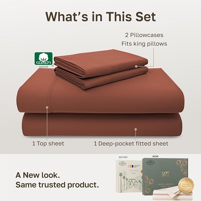 California Design Den 600 Thread Count California King Bed Sheets Set, Rust | 100% Cotton Sateen Backed by Good Housekeeping Seal, Soft & Smooth, 16" Deep Pocket, All-Around Elastic, Durable, Easy Care