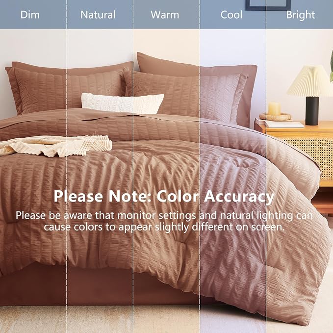 King Comforter Set, 7 Pieces Mocha Mousse Seersucker Bed in a Bag | OEKO-TEX Certified, All Season Bedding Set with 240 GSM Down Alternative Comforter, Flat & Fitted Sheets, Pillowcases & Shams
