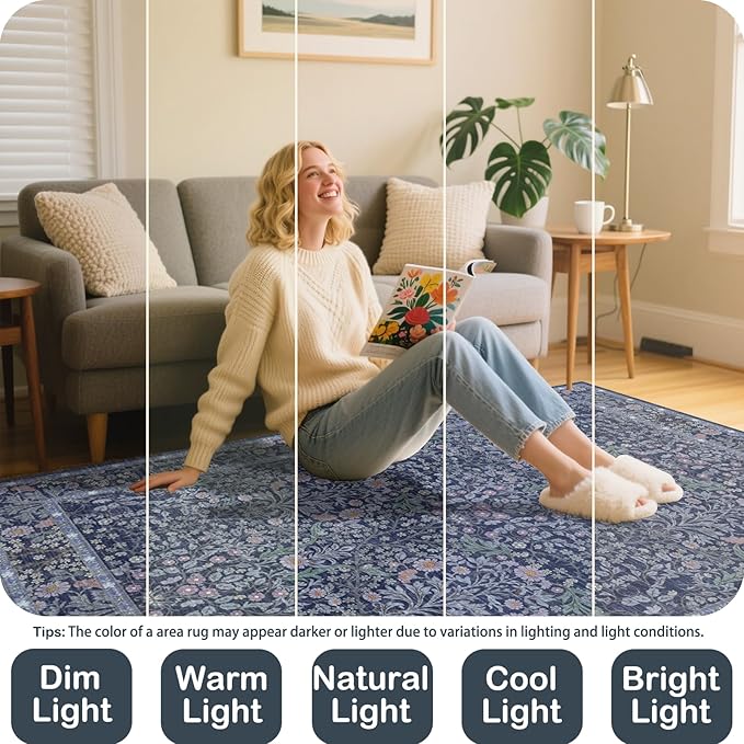 Washable 2'6" x 10' Runners for Hallways, Non Slip Long Floor Runner for Kitchen, Entryway Indoor, Stain Resistant Rubber Backing Floral Decor Rug (Blue)