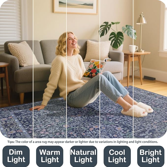 Extra Large 10x14 Area Rug for Living Room, Washable Rugs for Dining Room, Bedroom, Non Slip Stain Resistant Carpet, Low Pile Vintage Floral Rug (Blue)