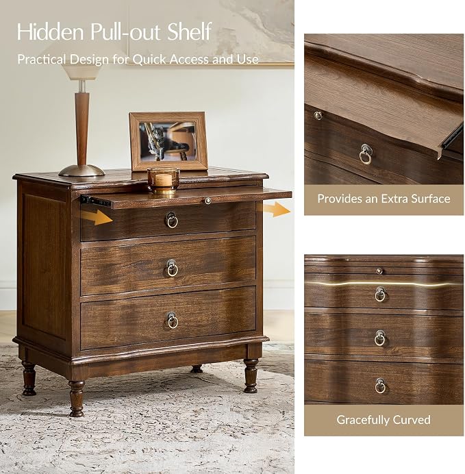 HULALA HOME Solid Wood End Table Set of 2 with Charging Station, 3 Drawer End Table with Pull-Out Tray, USB & Type-C Ports, Traditional Curved Front Accent Side Table for Living Room Sofa, Walnut
