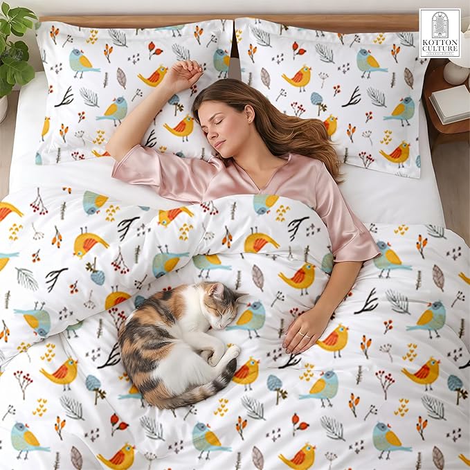 3 Pc Queen Size Duvet Cover Set- 100% Egyptian Cotton 600 Thread Count Ultra Soft Premium Durable Comforter Cover Zipper Closure & Corner Ties (Forest Birds,Queen/Full 90" X 90")
